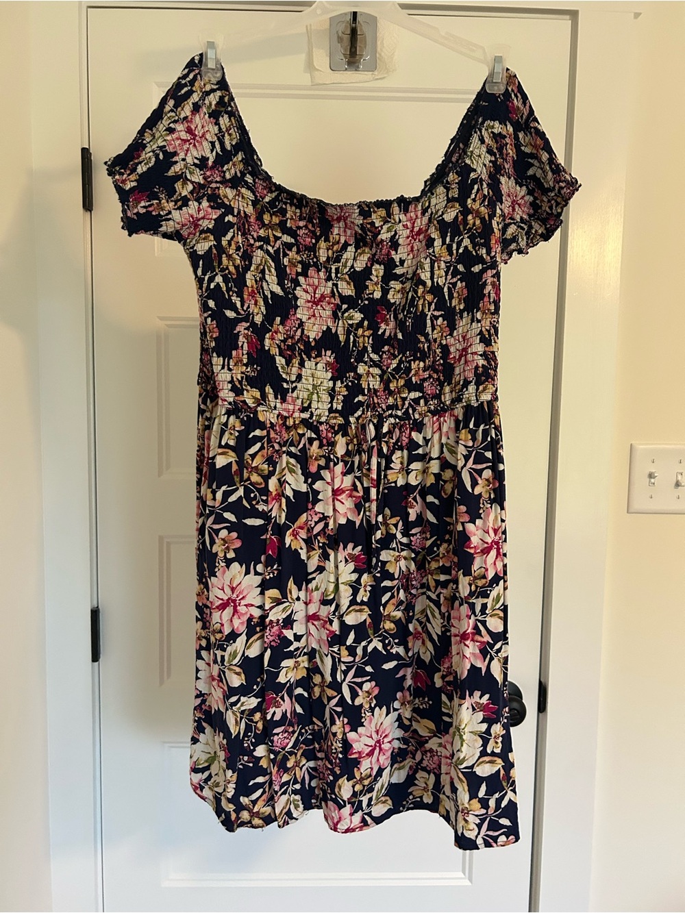 Xhilaration Navy Floral Off-Shoulder Dress with Pink & Cream Flowers